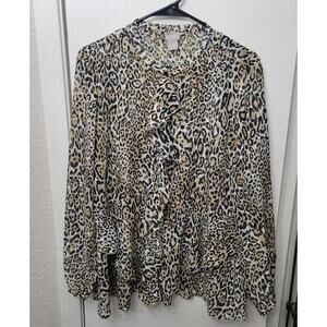 Chicos 2 Leopard Animal Print Ruffled Front Button Sheer Top Brown Long Sleeve L